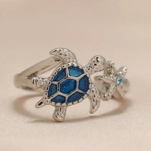 Stainless Adjustable Ring Blue Sea Turtle Starfish Ocean Christmas Birthday Gift - Picture 3 of 5
